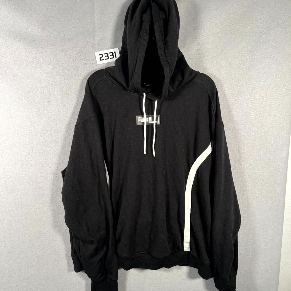 Puma Hoodie‎ Mens XL Black Graphic Logo Drawstring Waist White Trim Pullover
